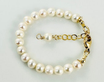 Gold Baby to Wedding Pearl Bracelet,Freshwater Pearl Baby Bracelet,Christening Baptism Blessing Bracelet,Baby to Adult Pearl Bracelet