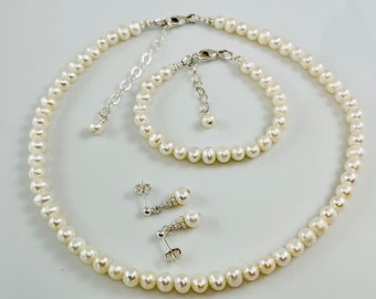 Freshwater Pearl Children Necklace Bracelet Earrings Set,Flower Girl Set,Real Pearl Set,Little Girl Baby Girl Freshwater Pearl Jewelry Set