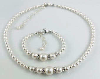 PRESTIGE Crystal Rhinestone Pearl Round Necklace Bracelet- SET, Bridesmaids Gift Necklace, Flower Girl Necklace, Junior Bridesmaids