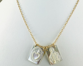 Gold Mother of Pearl Scapular Necklace,Sacred Heart Miraculous Virgin Mary Necklace,Catholic Necklace,Escapulario,Religious Jewelry Gift