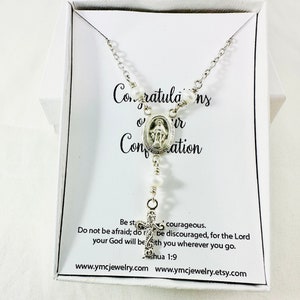 Silver Rosary Necklace,Miraculous Mary and Cross Necklace,First Communion Confirmation Rosary Necklace,Dainty Virgin Pearl Lariat Necklace