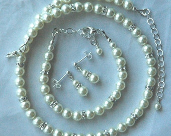 Conjunto de collar, pulsera y pendientes de perlas redondas de prestigio para niños, conjunto de joyas para niñas de las flores, joyas para la primera comunión, joyas para la confirmación