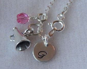 Personligt cheerleader-megafonhalsband i sterlingsilver, handstämplat cheerleader, födelsestenshalsband, cheerleaderhalsband, megafon