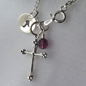 Collar de cruz de plata, collar con piedra de nacimiento y letra inicial, collar con cruz de ahijado, collar de primera comunión, collar con cruz de bautismo