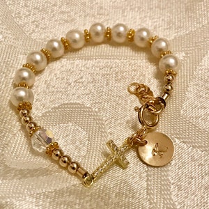 Personalized Gold Real Pearl Sideways Cross Rosary Bracelet,Baby Gold Bracelet,Gold Baptism Christening Bracelet,First Communion Bracelet