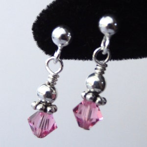 Sterling Silver PRESTIGE Crystal Birthstone Earrings,Flower Girl Earrings, Small Birthstone Dangle Earrings,Tiny Pink Personalized Earrings