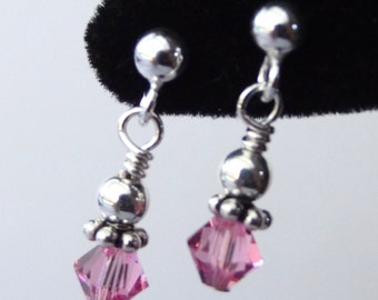 Pendientes de plata de ley con piedra natal de cristal PRESTIGE, pendientes de niña de las flores, pendientes colgantes pequeños con piedra natal, pequeños pendientes personalizados en rosa