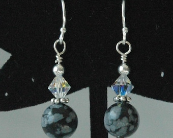 Silver Snowflakes Obsidian PRESTIGE Crystal Earrings Dangle,Semi Precious Stone Earrings,Black-White Earrings,Obsidian Dangle Earrings