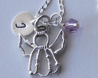 Collar de ángel personalizado conmemorativo, collar de ángel de la guarda, collar con piedra de nacimiento con letra inicial, collar de bautismo de primera comunión