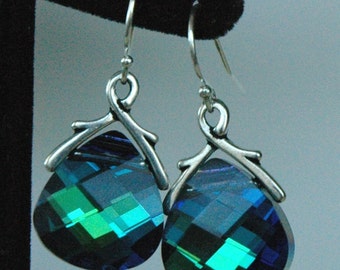Large - PRESTIGE Crystal Aquamarine Green Sphinx Briolette Earrings,Bridesmaids Gift Set Jewelry Earrings,Teal Green Peacock Earrings Dangle
