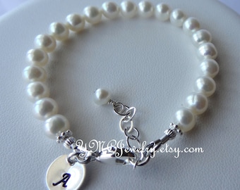 Baby Initial Freshwater Pearl Bracelet,Personalized Child Pearl Bracelet,Flower Girl Bracelet,Junior Bridesmaid Bracele,Real Pearl Bracelet