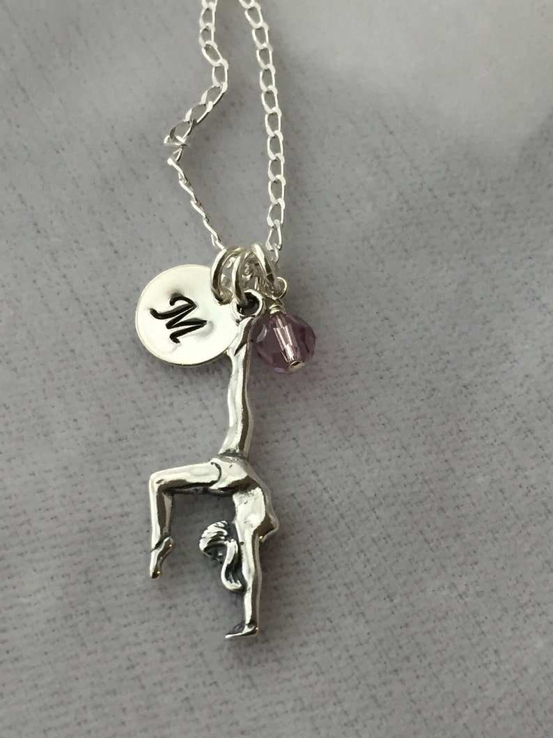 Sterling Silver Personalized Gymnastic Necklace, Birthstone Necklace, Gymnast Necklace, Personalized Gymnast Charm Jewelry,Initial Necklace image 3