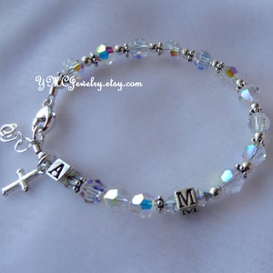 Personalized Silver Initial Rosary Bracelet,Initial Baby Bracelet,Confirmation Bracelet,First Communion Rosary Bracelet,Communion Girls Gift image 1