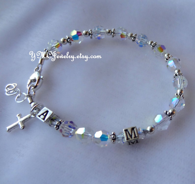 Personalized Silver Initial Rosary Bracelet,Initial Baby Bracelet,Confirmation Bracelet,First Communion Rosary Bracelet,Communion Girls Gift image 1