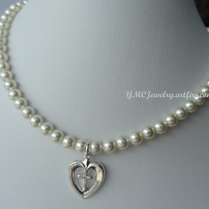 First Communion Crystal Pearl Heart Cross Necklace,Confirmation Pearl Necklace,Baptism Christening Necklace For Girls,Flower Girl Necklace