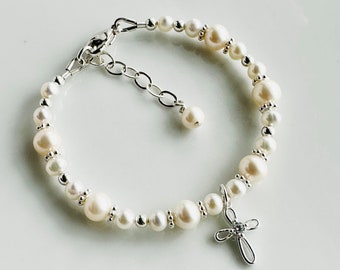 Real Freshwater Pearl First Holy Communion Bracelet,Baptism Cross Bracelet,Christening Bracelet,Confirmation Pearl Bracelet,Religious Gift