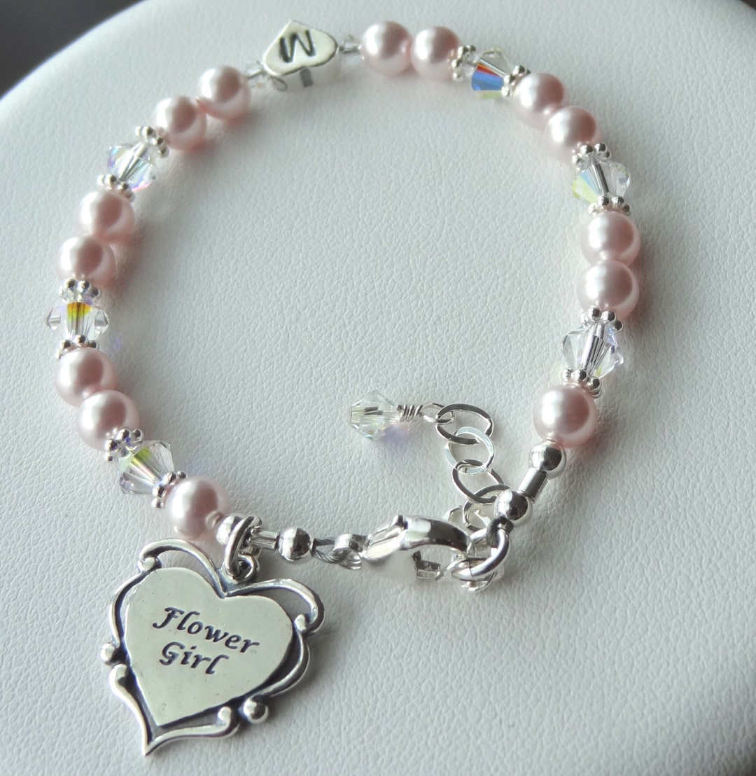 Flower Girl Heart Initial Braceletpearl Flower Girl Charm Etsy