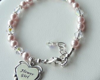 Flower Girl Heart Initial Bracelet,Pearl Flower Girl Charm Bracelet,Personalized Flower Girl Bracelet,Initial Bracelet,Pink Pearl Bracelet