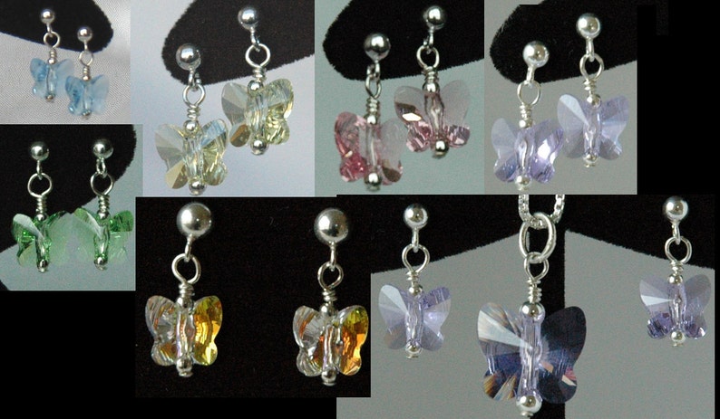 May include: A set of butterfly earrings in various colors, including light blue, green, yellow, pink, and purple. The earrings are made with crystal beads and silver findings.
