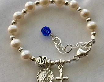 Real Pearl Baptism Initial Rosary Bracelet, First Communion Bracelet,Confirmation Bracelet,Real Pearl Baptism Bracelet,Baby Baptism Bracelet