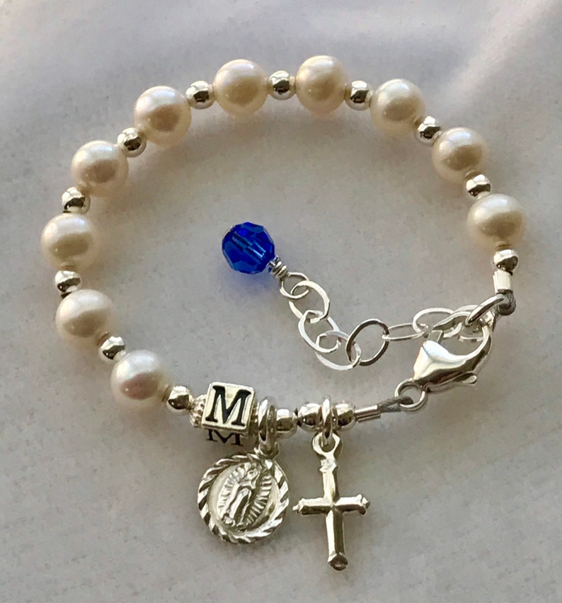 Real Pearl Baptism Initial Rosary Bracelet First Communion Etsy