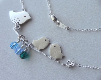 Mommy and Babies Bird Family Birthstone Necklace,Lovebirds Necklace,Mama Bird Necklace,New Mom Necklace,Mother Jewelry,Bird Initial Necklace