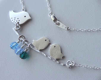 Mommy and Babies Bird Family Birthstone Necklace,Lovebirds Necklace,Mama Bird Necklace,New Mom Necklace,Mother Jewelry,Bird Initial Necklace