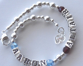 Sterling Silver Mother Bracelet, Two 2 Children Name Bracelet, Mother Bracelet, Bracelet Gift for Grandmother Nanny Mimi Gigi, Name Bracelet