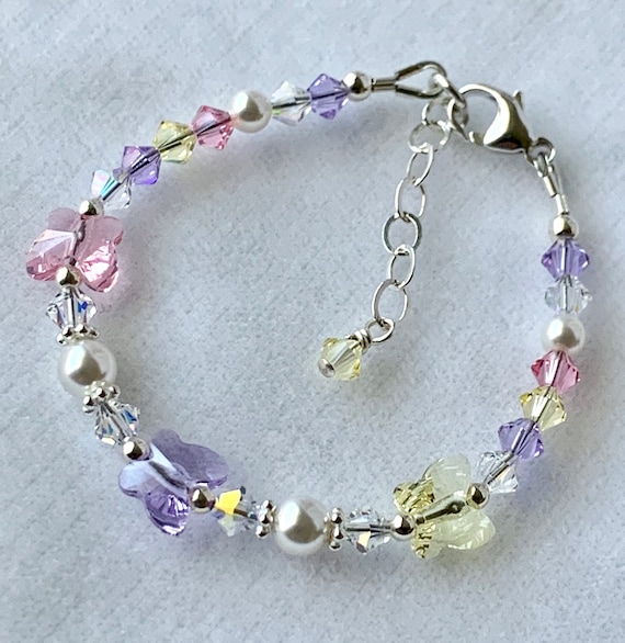 Crystal Butterfly Bracelet flower Girl Bracelet yellow Violet Pink Bracelet pastel Bracelet pink Bracelet butterflies Bracelet easter Basket Etsy