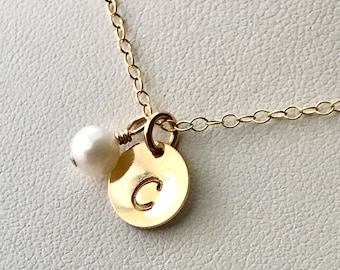 Personalized Flower Girl Gold Initial Necklace, Birthstone Gold Necklace,Dainty Personalized Initial Pearl Necklace,Toddler Flower Girl Gift