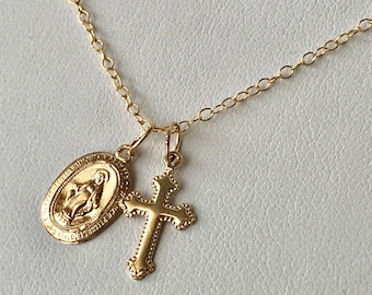 Tiny Gold Cross and Virgin Mary Necklace,Gold Miraculous Medal Necklace,Tiny Virgin Mary Necklace,Everyday Religious Jewelry,Catholic Gift