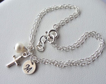 Sterling Silver First Communion Initial Birthstone and Charm Bracelet,Personalized Flower Girls Bracelet,Confirmation Chain Cross Bracelet