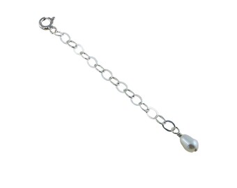 May include: Silver chain extender with a pearl charm. The chain is made of small, oval links. The pearl is white and round.