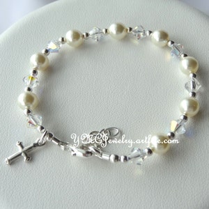 Baby Baptism Pearl Bracelet, Cross Bracelet, Confirmation First Communion Bracelet, Flower Girl Pearl Bracelet, Junior Bridesmaid Bracelet