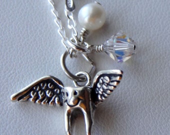 Children Tooth Fairy Pearl Necklace,Tooth Fairy Jewelry,Flying Tooth Pendant,Dental Assistant Hygienist Gift,Lost First Tooth Keepsake Neckl