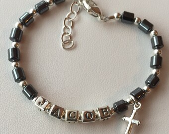 Sterlingzilveren gepersonaliseerde armband met naam babyjongen, armband doopsel eerste communie jongen, ID-armband babyjongens pasgeboren baby