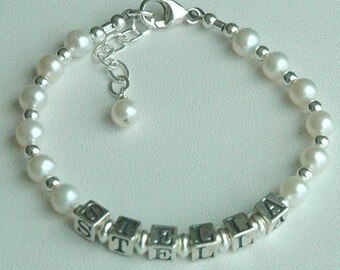 Real Pearl Bracelet, Freshwater Pearl Name Children Bracelet, Baby Pearl Name Bracelet, First Communion Bracelet, Confirmation Bracelet