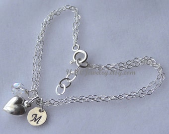Sterling Initial Birthstone and Charm Bracelet,chain Bracelet