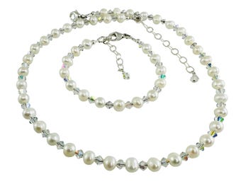 Real Freshwater Pearl and Crystal Girl Bracelet and Necklace-SET,Flower Girl Pearl SET,First Communion Necklace,Little Girl Pearls Necklace