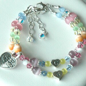 Pulsera BFF para mejores amigas, pulsera infantil de plata de ley con inicial de corazón, ojo de gato multicolor y cristal, pulsera de Pascua, juego de dos pulseras BFF