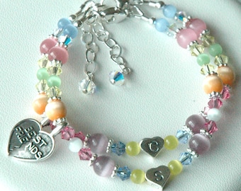 Best Friend BFF Bracelet,Sterling Silver Heart Initial Multicolor Cat Eye and Crystal Children Bracelet,Easter Bracelet,Set two BFF bracelet