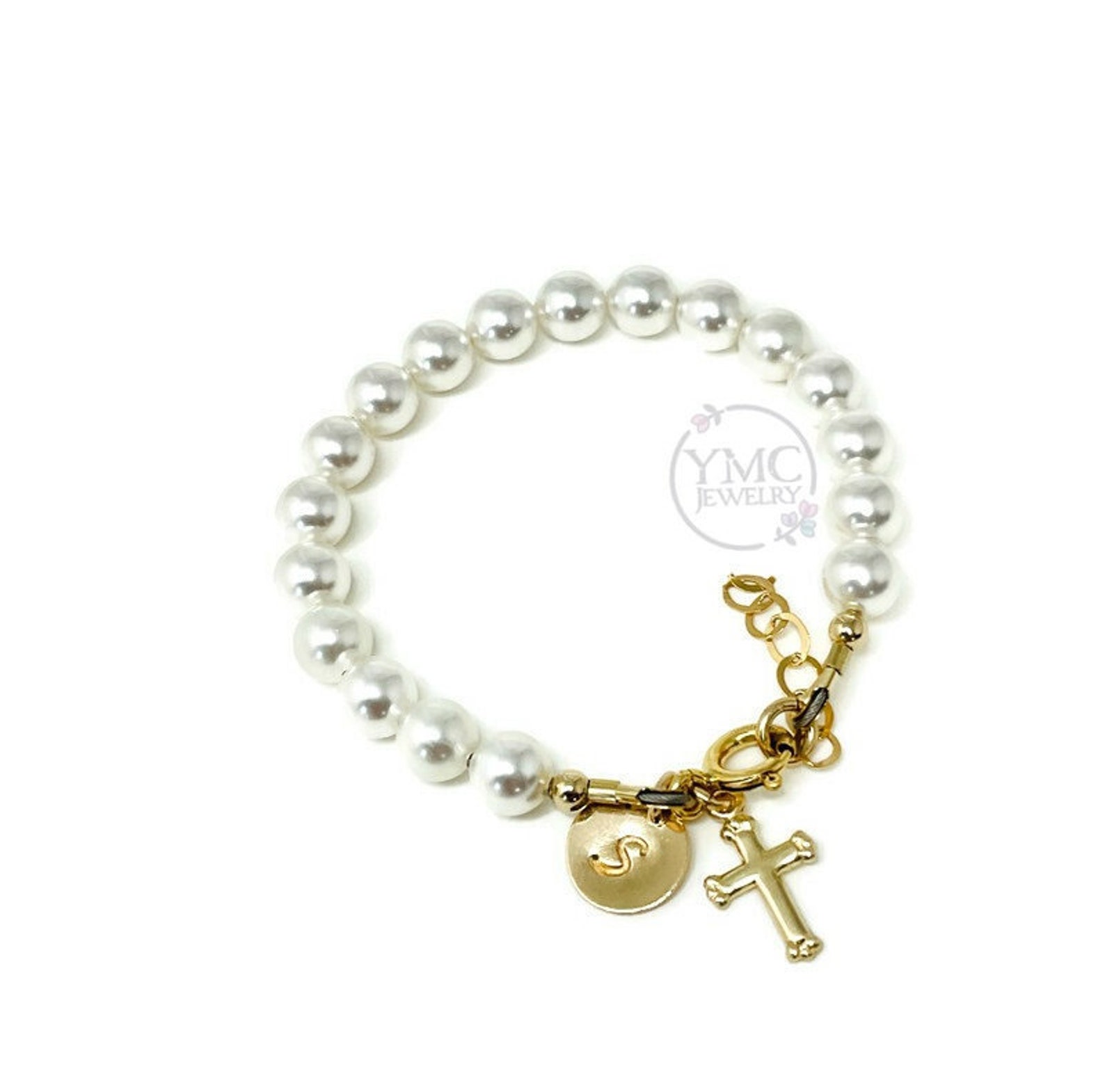 Gold Initial Cross Pearl Baptism Bracelet Flower Girl Etsy