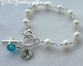 Sterling Silver Freshwater Pearl Baptism Personalized Initial Rosary Children Bracelet, First Communion Confirmation  Christening Bracelet