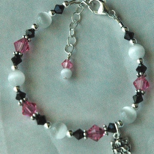 Sterling Silver Pink White and Black Child Bracelet,Flower Girl Bracelet,Damask Bracelet,Pink Bracelet,Black and White Bracelet,Ballet Charm