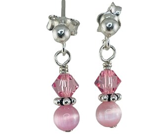 Silver Light Pink Crystal Post Earrings,Cat Eye Pink Earrings,Light Pink Post Earrings,Little Girls Crystal Pink Earrings,Easter Dangles