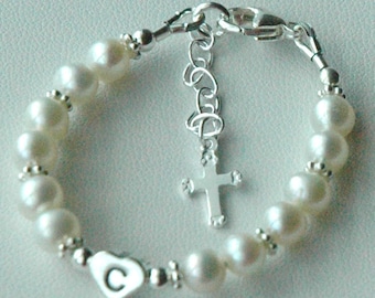 Sterling Silver Initial Freshwater Pearl Cross  Children Bracelet, Baptism Pearl Bracelet, Pearl Cross Bracelet, First Communion Bracelet