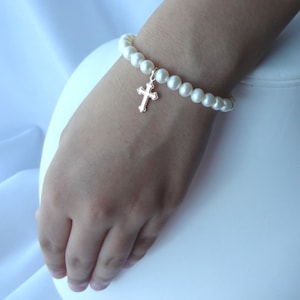 Gold Freshwater Pearl Baby Bracelet,Real Pearl Bracelet,Gold Cross Bracelet Flower Girl Pearl Bracelet,Baptism First Communion Pearl Bracele