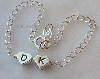 Heart Initial Petite Sterling Silver Bracelet,Personalized Bracelet,Monogram Bracelet,Reversible Heart Bracelet,Junior BridesmaidBracelet,