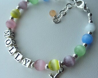 Personalized Multicolor Cat Eye Cross Name Bracelet,Baptism Bracelet,Baby Girl Name Bracelet,Colorful Name Bracelet,Rainbow Cat Eye Bracelet