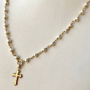 Echte Perle Gold Kreuz Halskette, erste Kommunion Perlenkette, Konfirmation Perlenkette, Perlen Kreuz Halskette, Taufe Kreuz Perlenkette